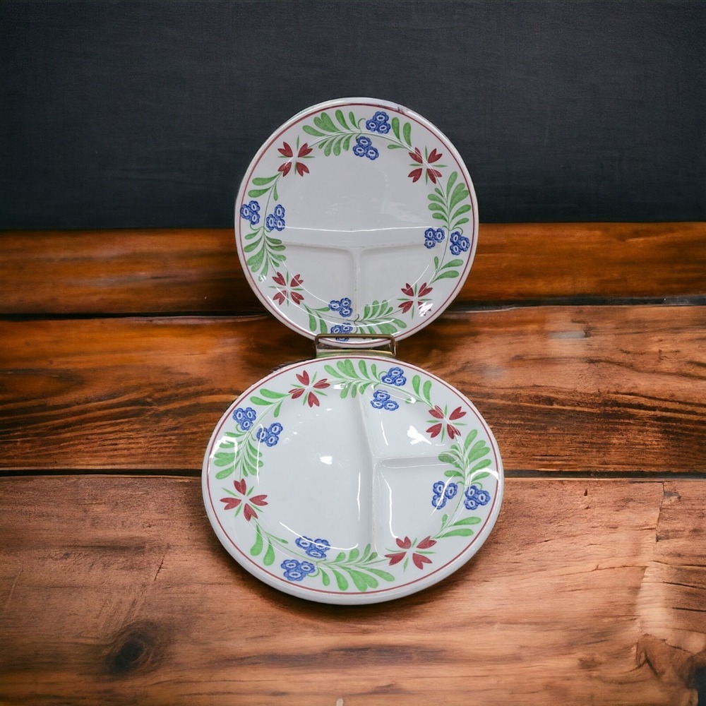 VTG Warwick China Divided Plates Set of 2 USA 1939 Stick Splatter Ironstone‎ 10"